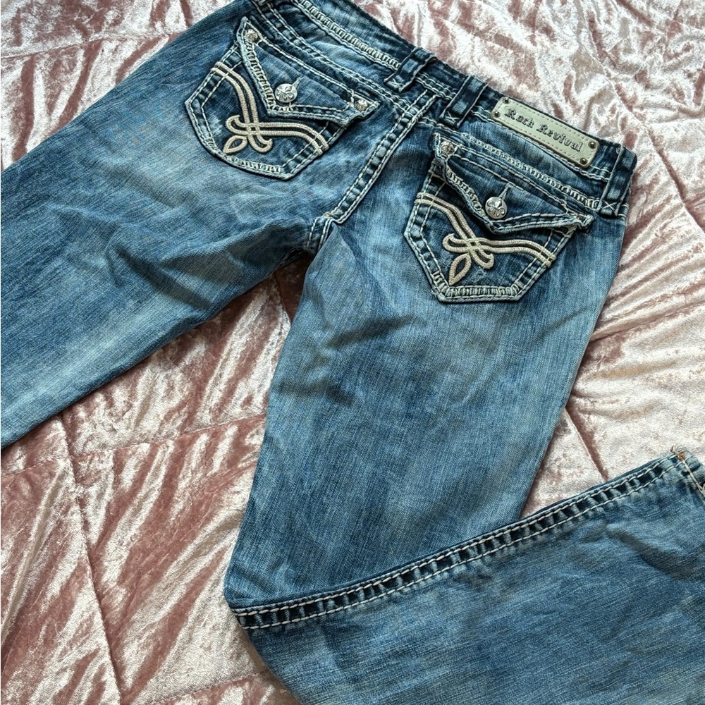 Rock Revival Blue Denim Jeans with Embellished Pockets